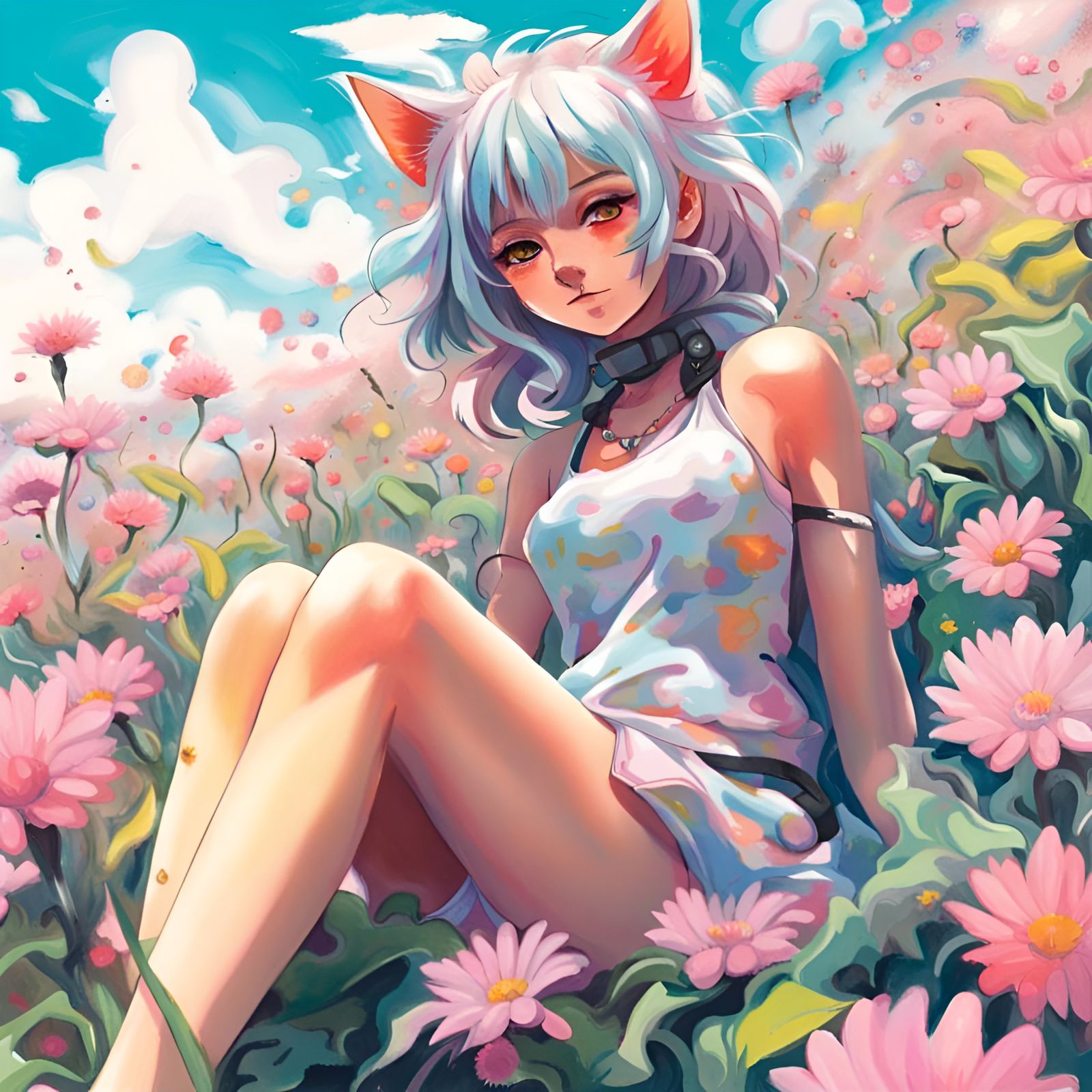 Anime Catgirl Lounging in Flower Field: Graffiti Art