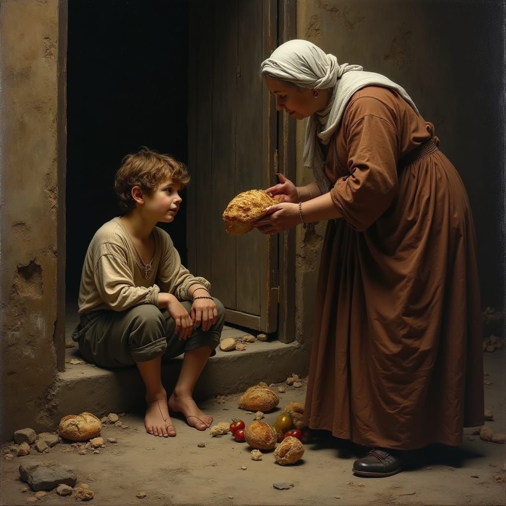 A Young Boy Receives Charity in a 17th Century Style Paintin...