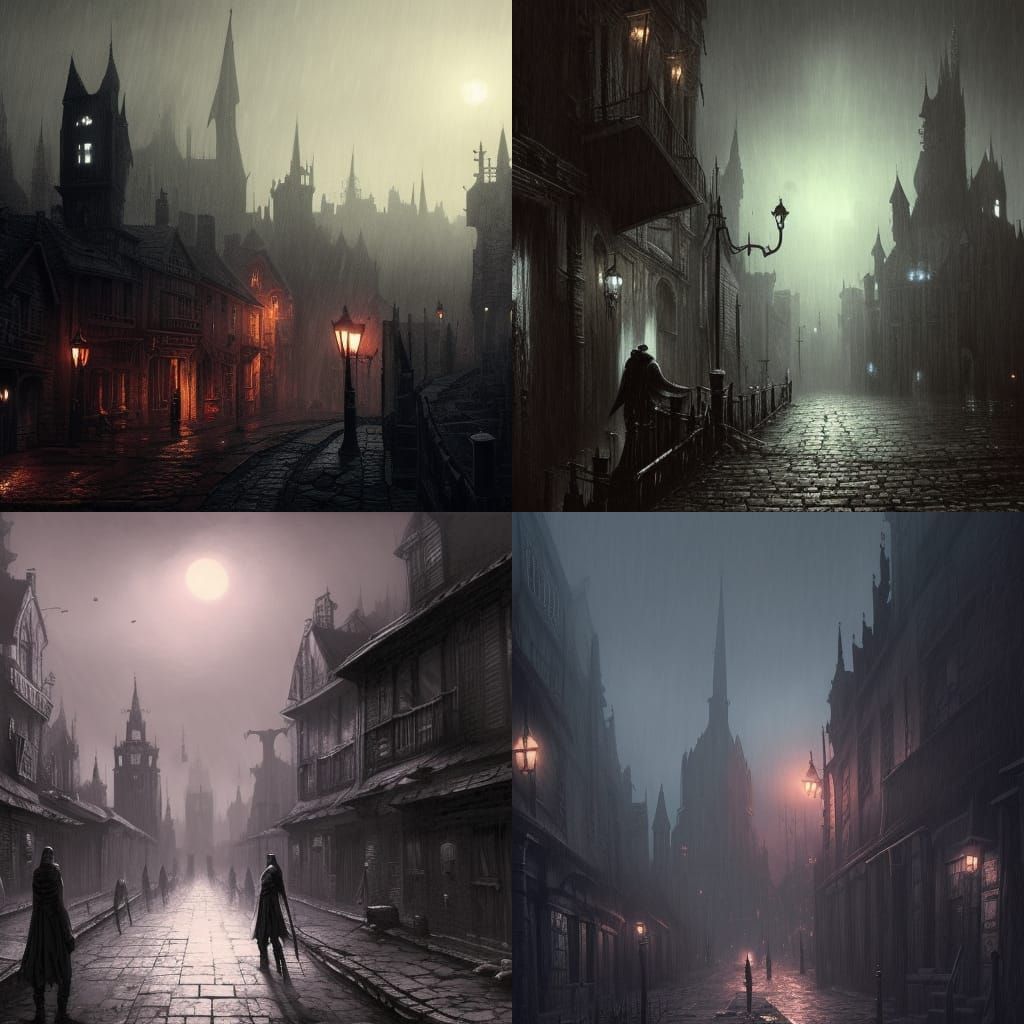 Grimdark Gothic Town at Night in Rainy Noir Style