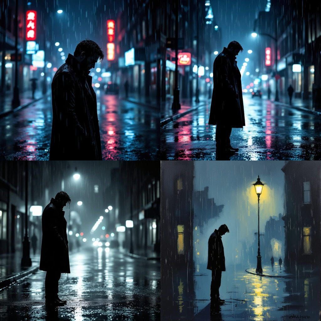 Man Walking Alone in the Rain