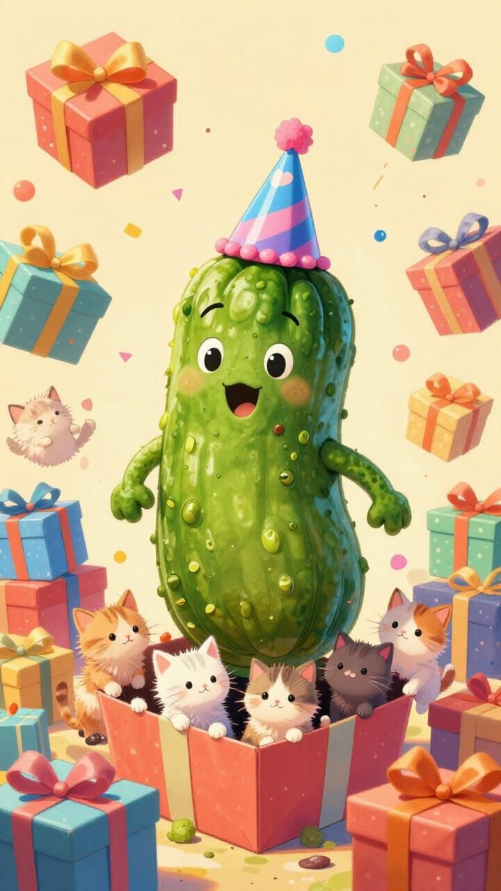 Anthropomorphic Pickle with Kittens in Gift Boxes