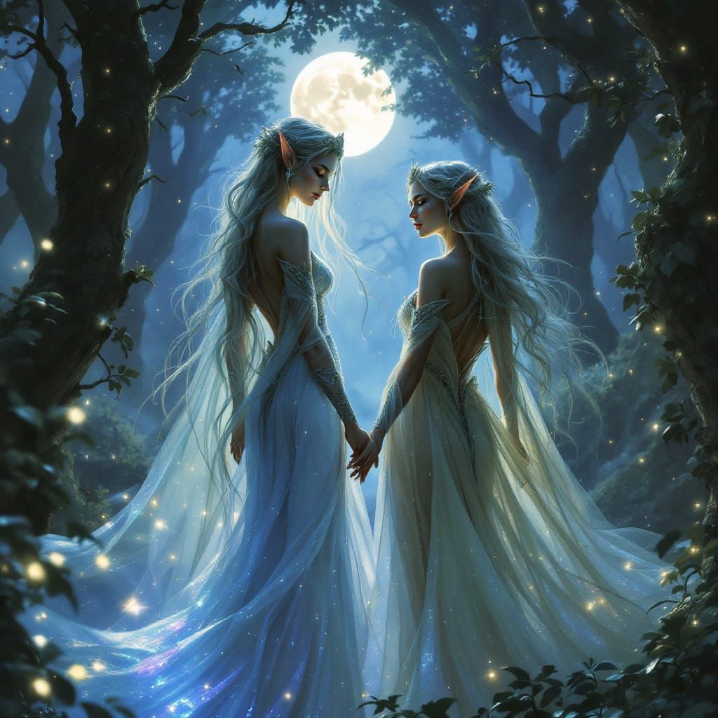 Elegant Elves in Moonlit Forest Kingdom