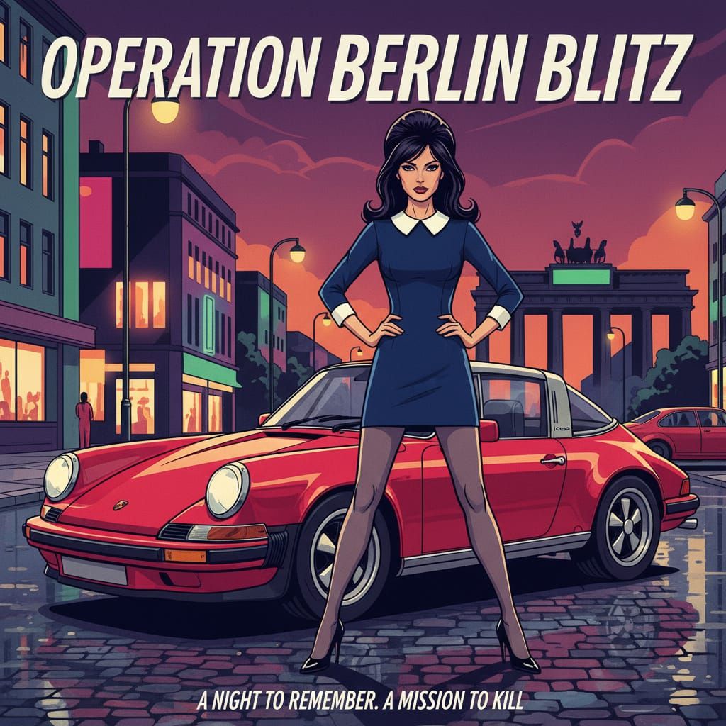 1960s Secret Agent Woman Poses With Sports Car in Berlin