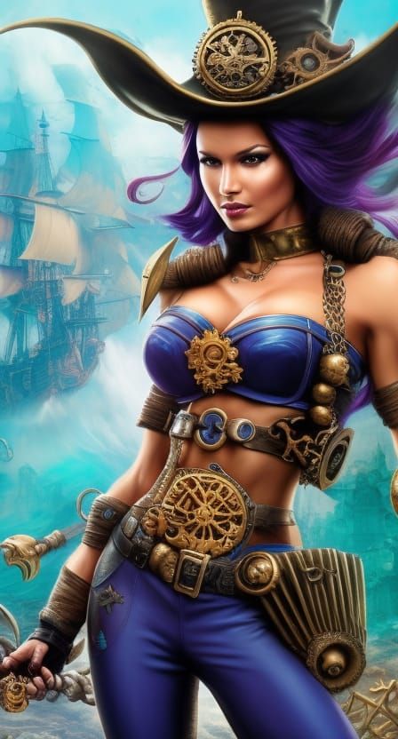 Steampunk Pirate Woman Portrait in Elaborate Shroompunk Styl...