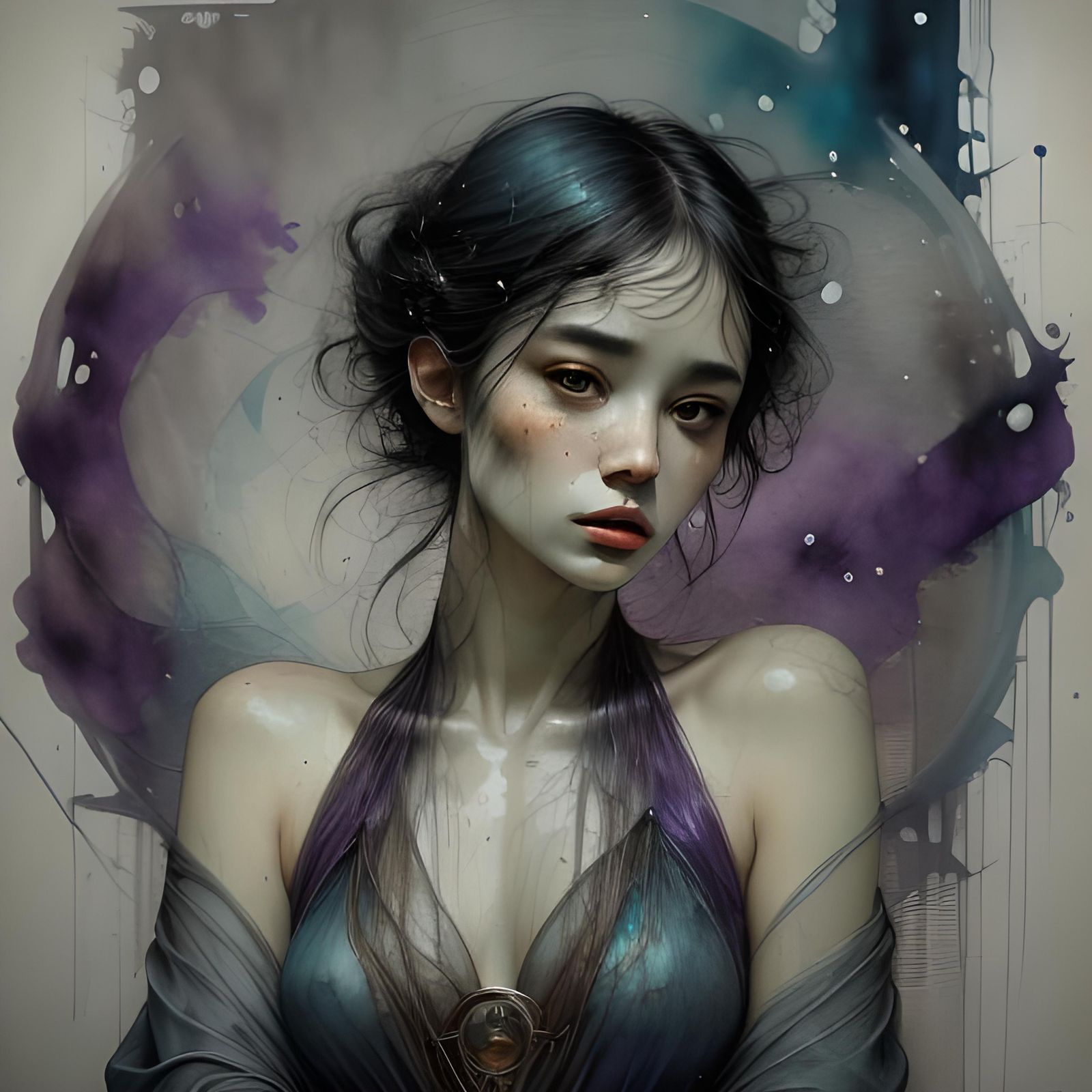 Inky Portrait of a Heavenly Woman in Violet