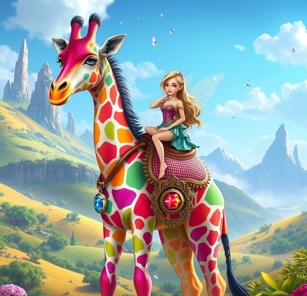 Fairy Riding a Vibrant Rainbow Giraffe in Enchanted Land