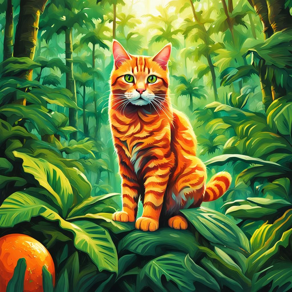Orange Tabby Cat in Tropical Forest Graffiti Art