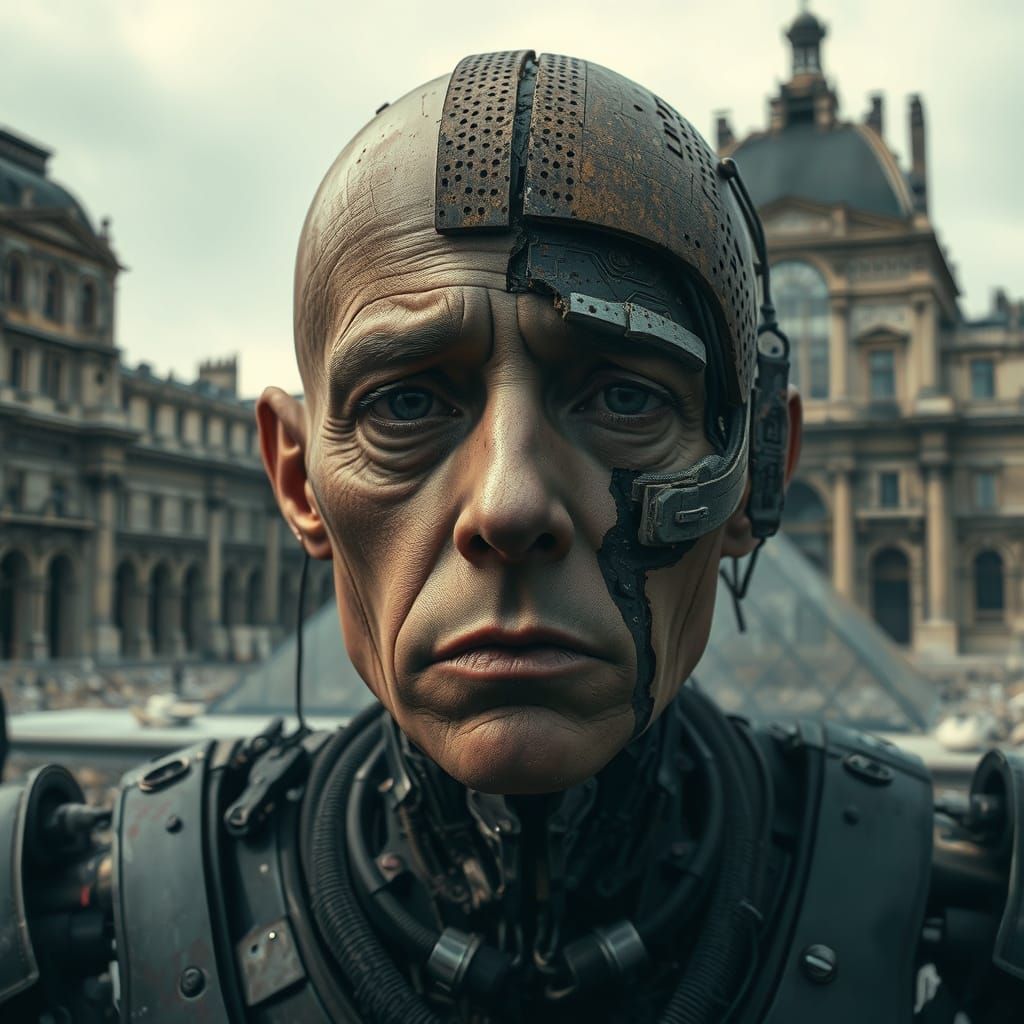 Cyborg Portrait: Weary Human Face in Dystopian Louvre