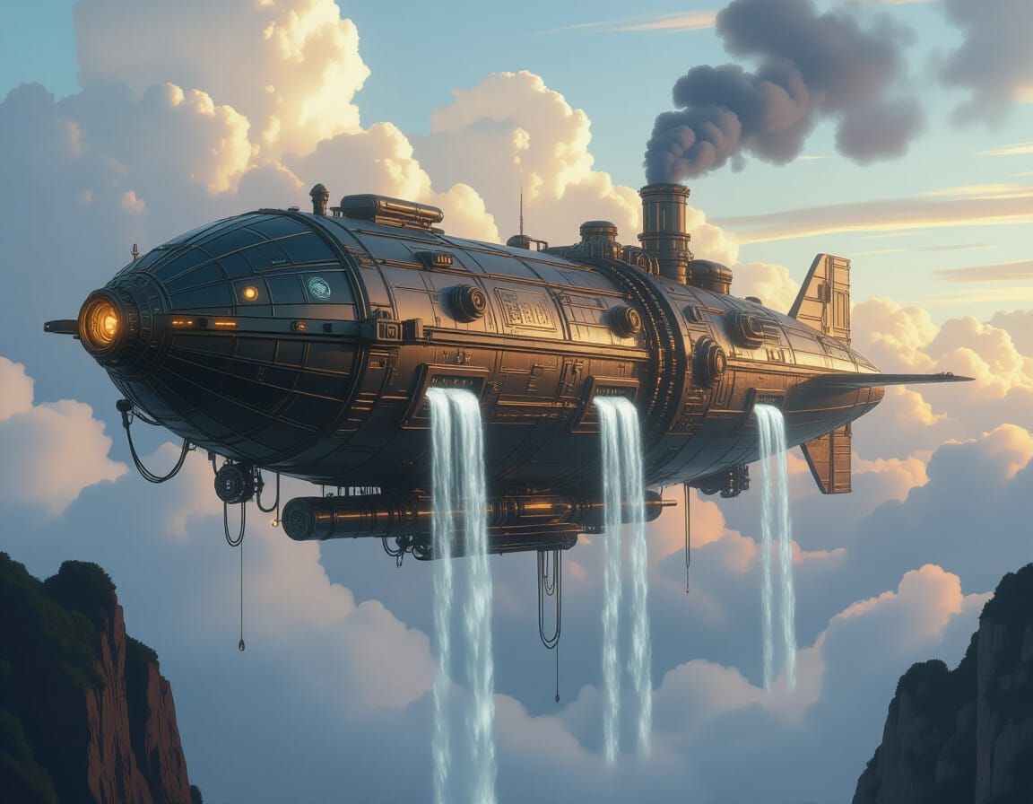 Dieselpunk Airship Waterfalls in Dark Fantasy Style