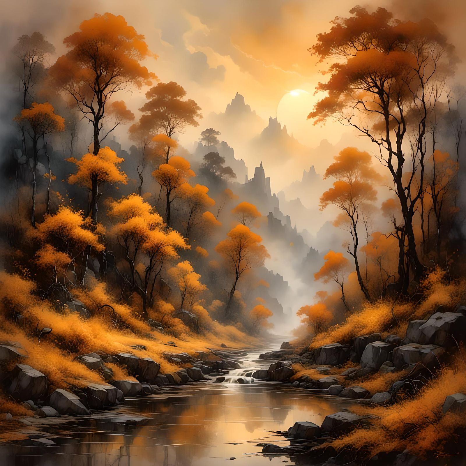 Halloween Landscape Sunset in Watercolor Comic Style