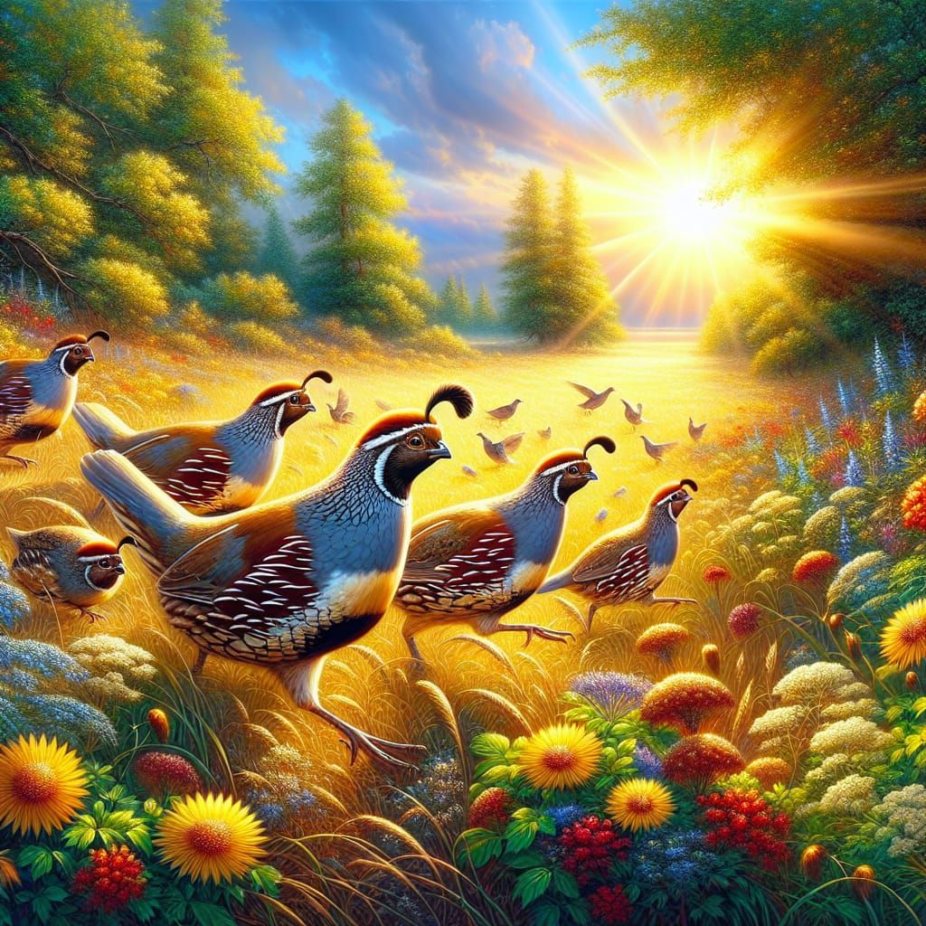 Vibrant Quail Family in a Sunny Meadow