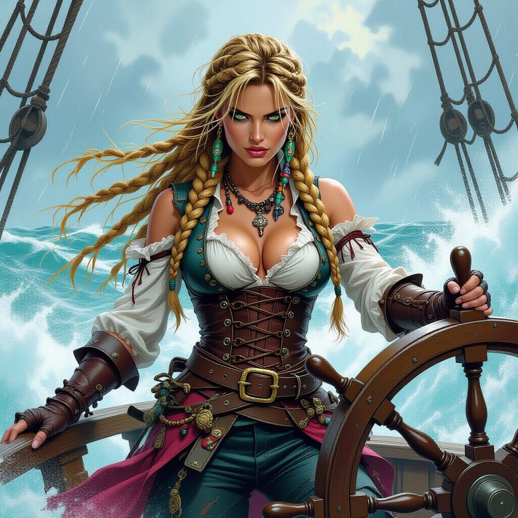 Pirate Queen Steers Ship in Storm, in Comic Book Style