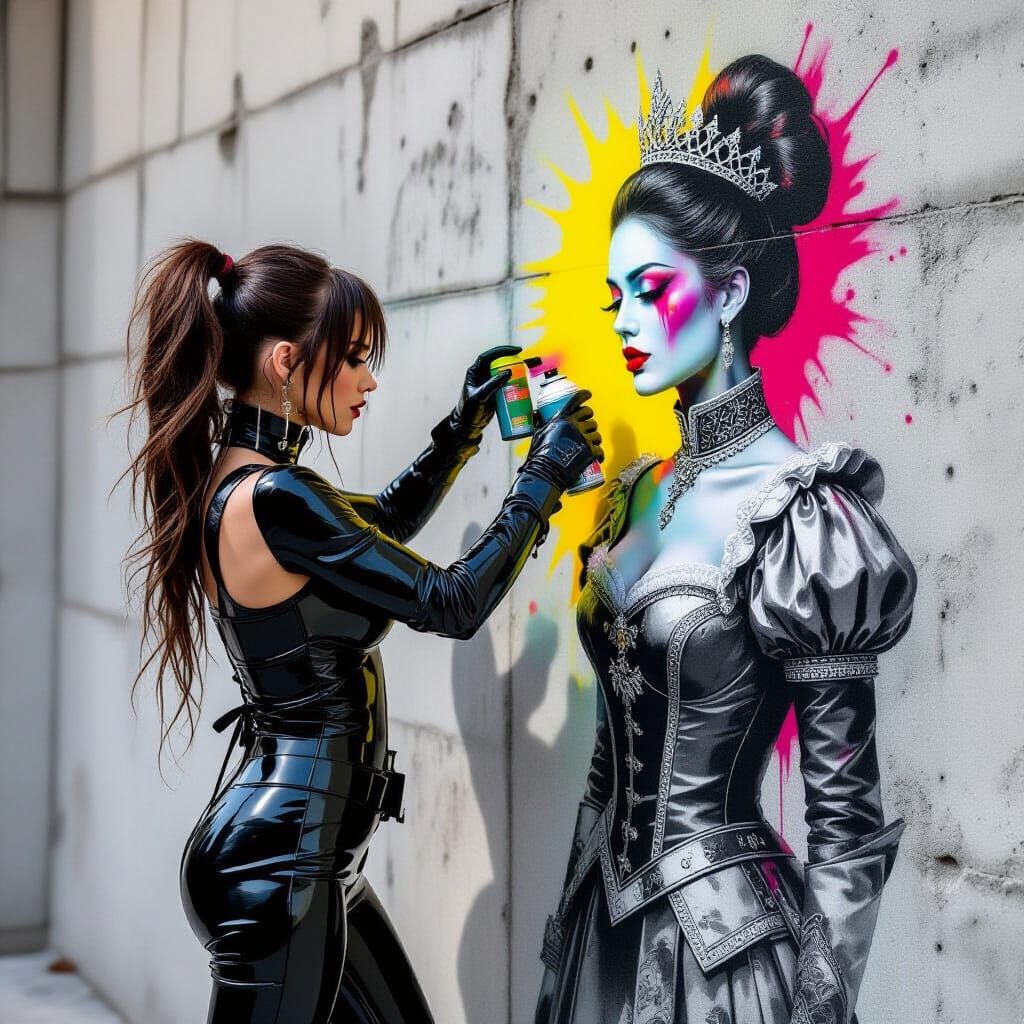 Artist Merging with Mural in Photorealistic Digital Art