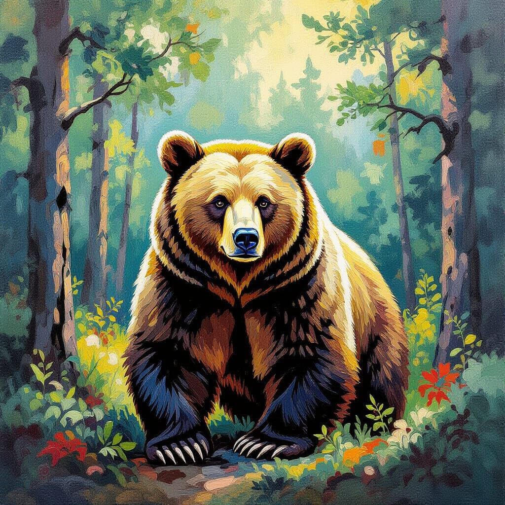 Bear in Forest: Neo-Impressionist Gouache and Charcoal