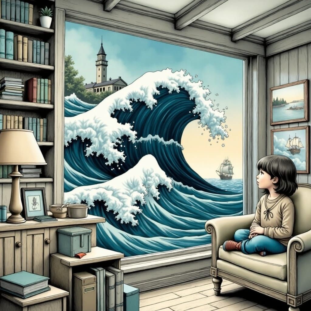 Pirate Wave Crashes Living Room, Girl Watches