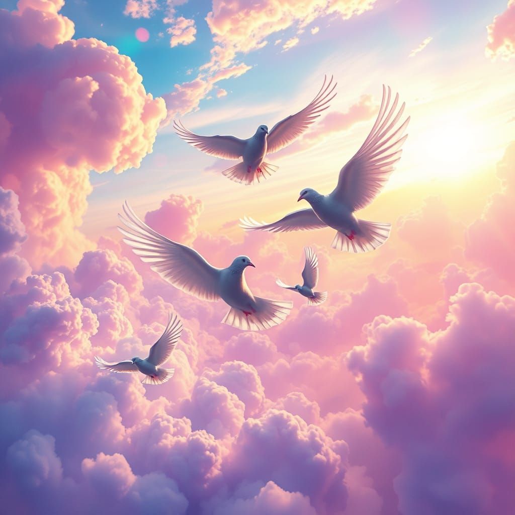 Majestic Doves in a Vibrant Iridescent Sky