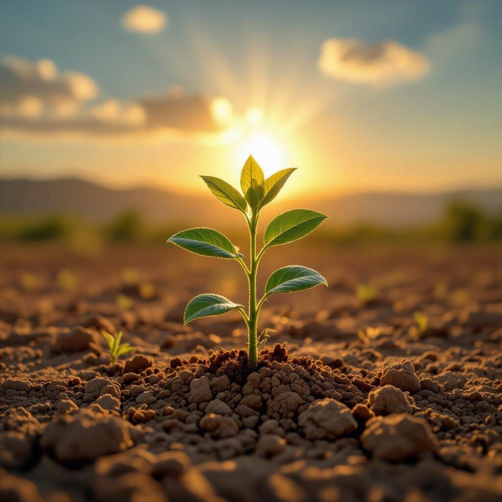 Vibrant Plant Reaching for Radiant Sun in Golden Light