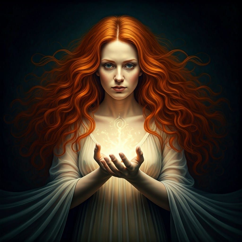Luminous Red-Haired Goddess in a Surreal Style