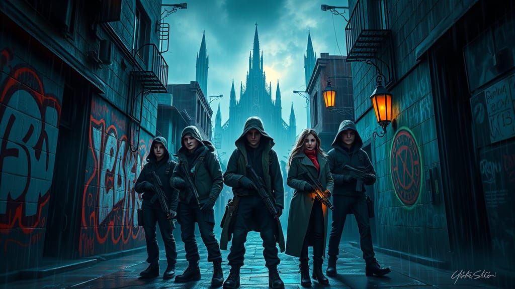 Young Occult Investigators Stand in Haunted Alleyway Scene