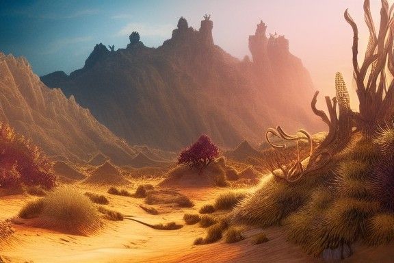 Fantasy Desert Landscape with Magical Plants