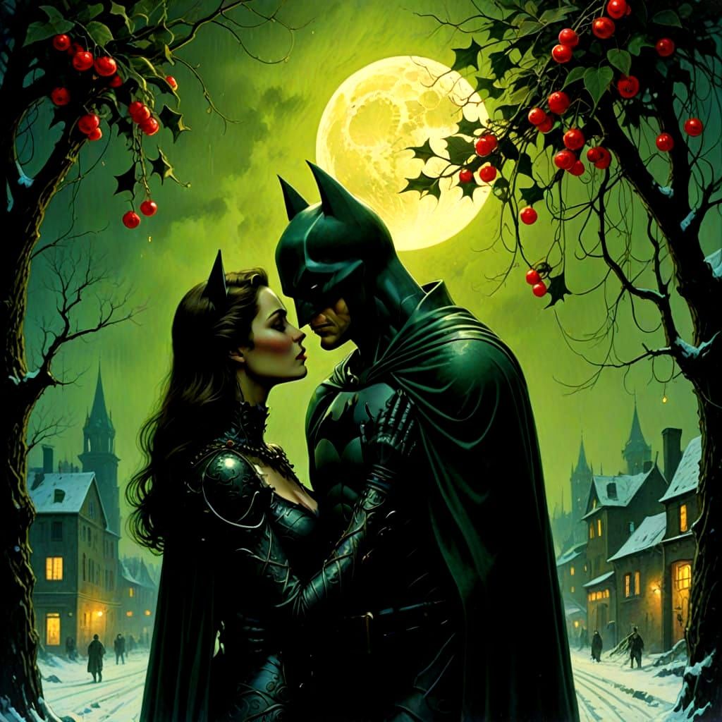 Batman and Catwoman Kiss Under Mistletoe in a Dark Romantic....