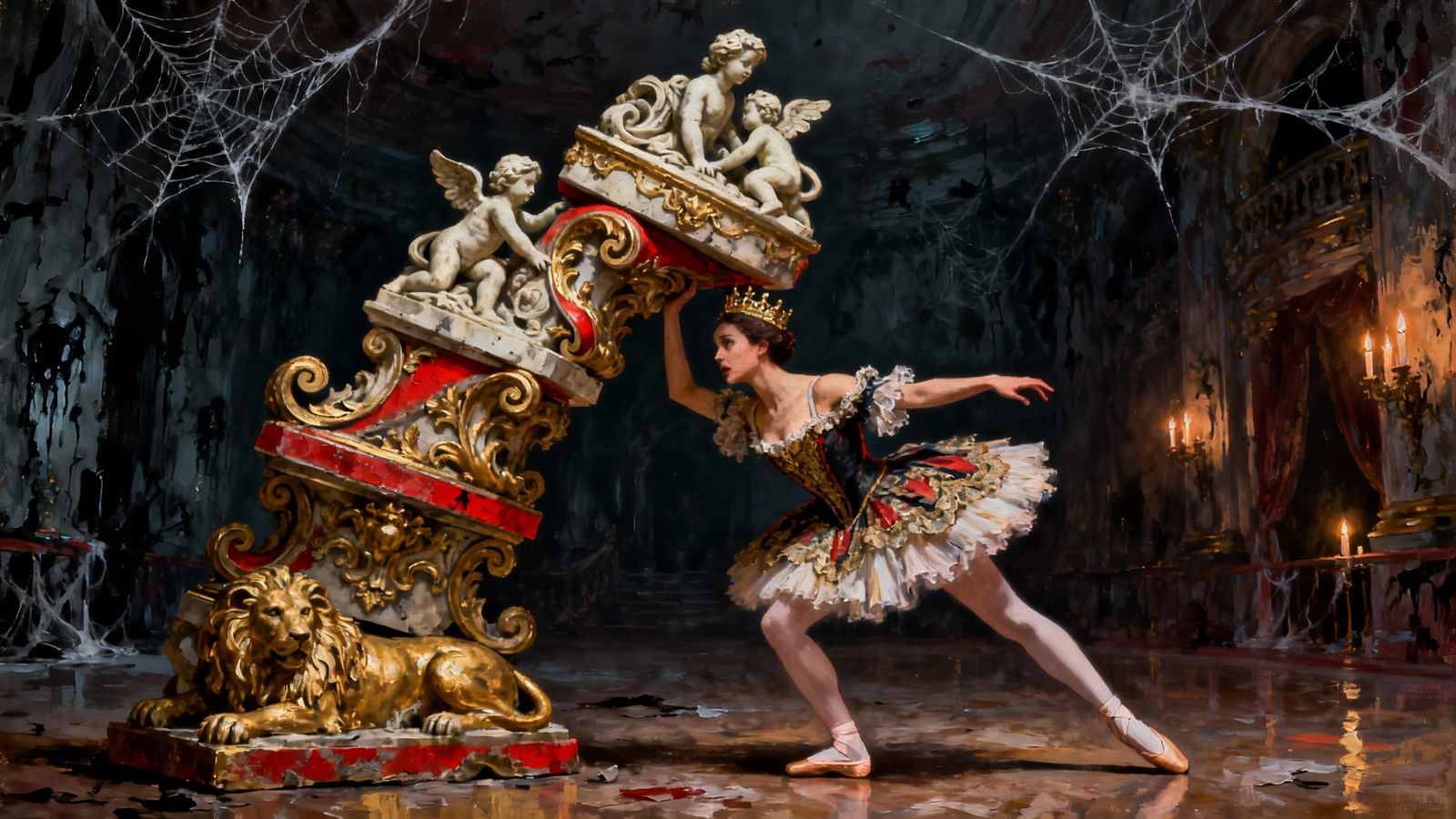Ballerina Balances Baroque Sculptures in Gothic Ballroom Pai...