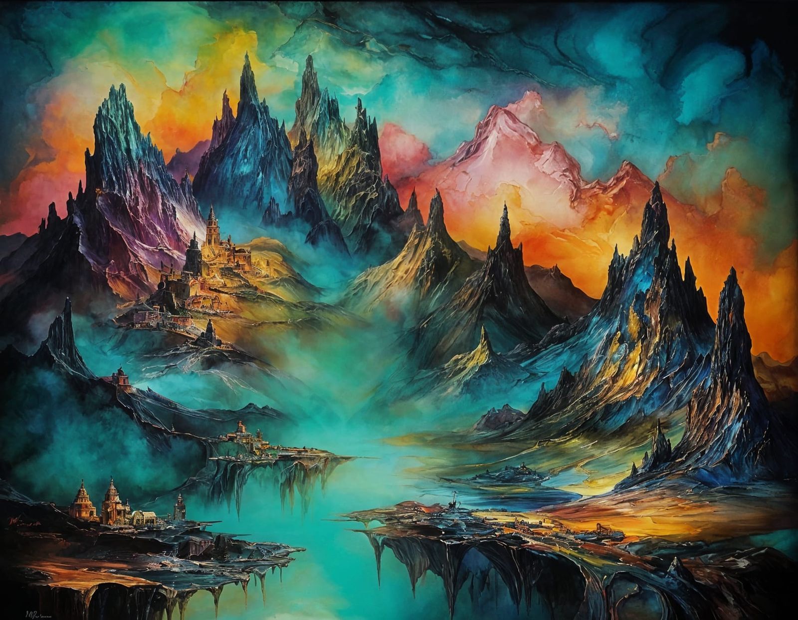 Mystical Mountain Mirage in Surrealist Oil Painting