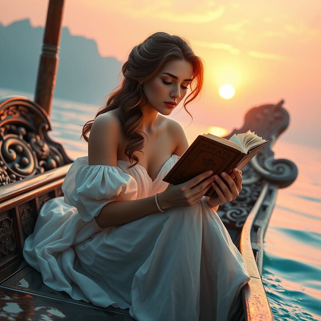 A Serene Woman in a Wooden Boat Reads a Book at Sunrise