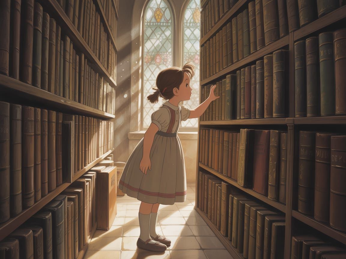 Girl Discovering Hidden Passage in Whimsical Library