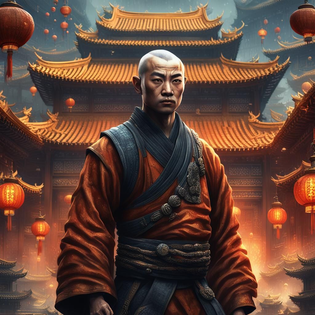 Dystopian Fantasy Shaolin Monk in Watercolor Style