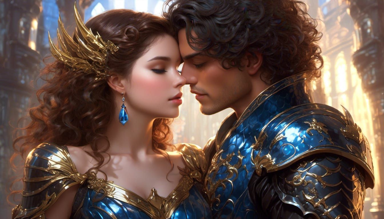 Warrior and Princess Kiss Before a Dragon