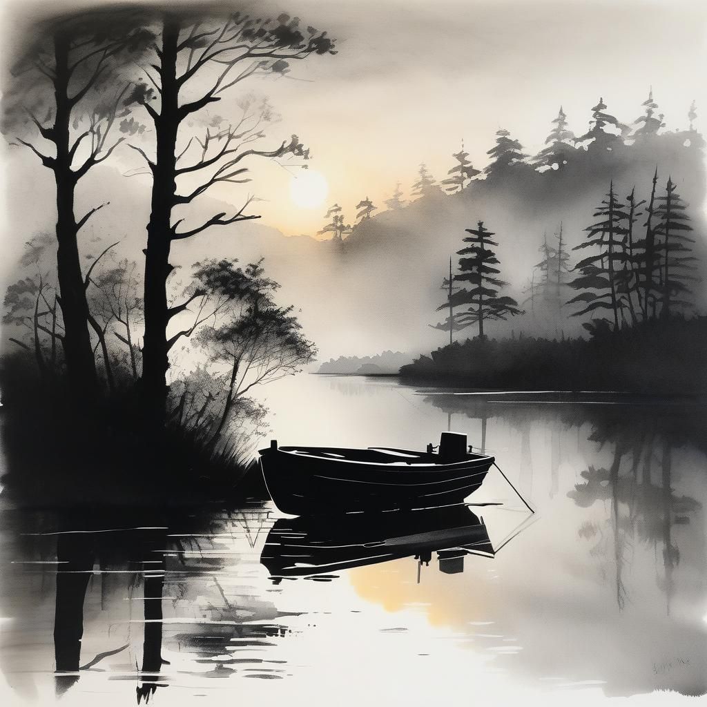 Moored Boat Silhouette on Misty Lake at Sunset