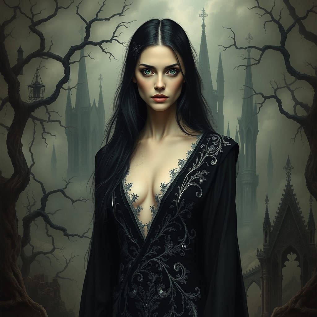 Dark Fantasy Maiden in Gothic Landscape