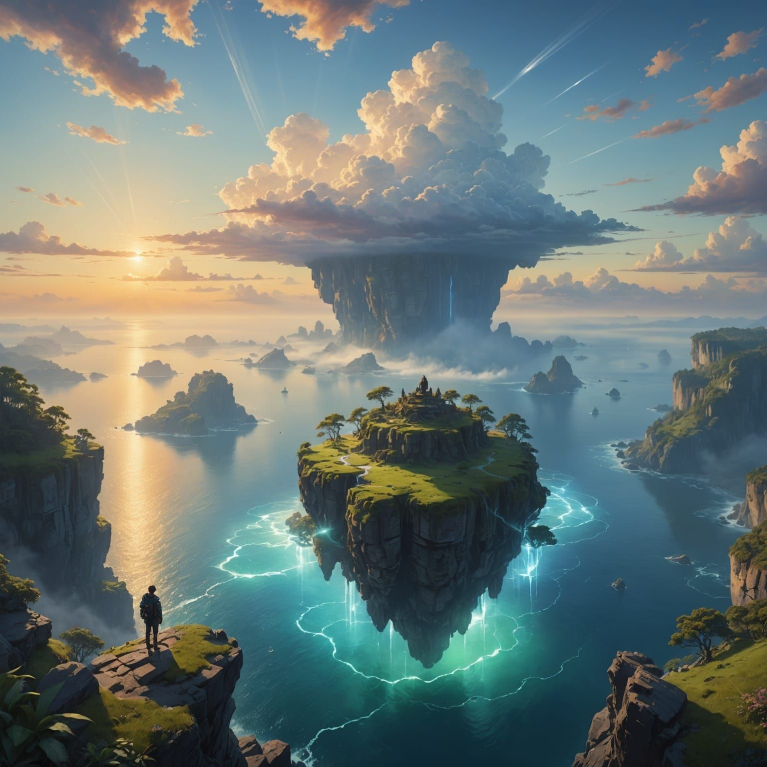 Dreamscape of Floating Islands at Sunrise