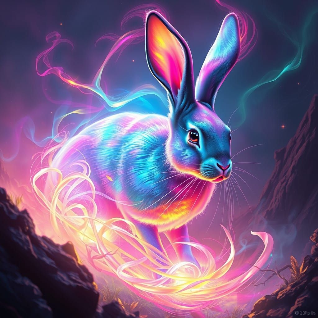Surreal Hare Devours Radiant Aura in Neon Dreamscape