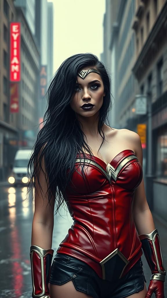 Wonder Woman in Rain-Soaked Cityscape
