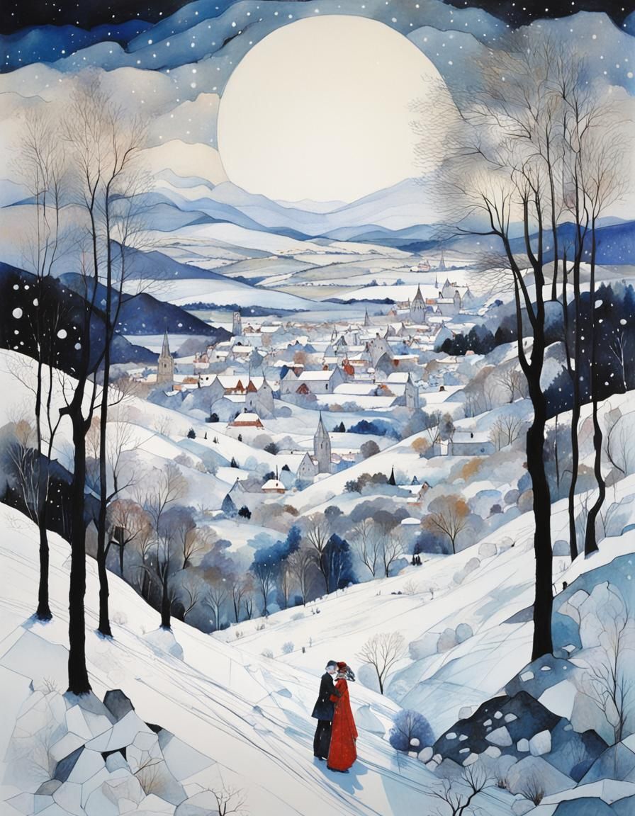 Winter Landscape in Art Nouveau Style