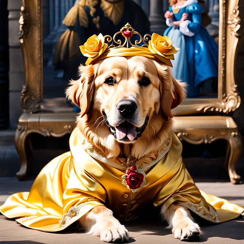 An elegant golden retriever dressed as Belle from Beauty and the Beast