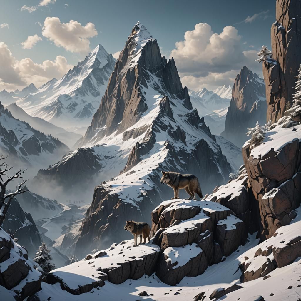 Snowy Mountain Peak with Wolf in Matte Painting Style