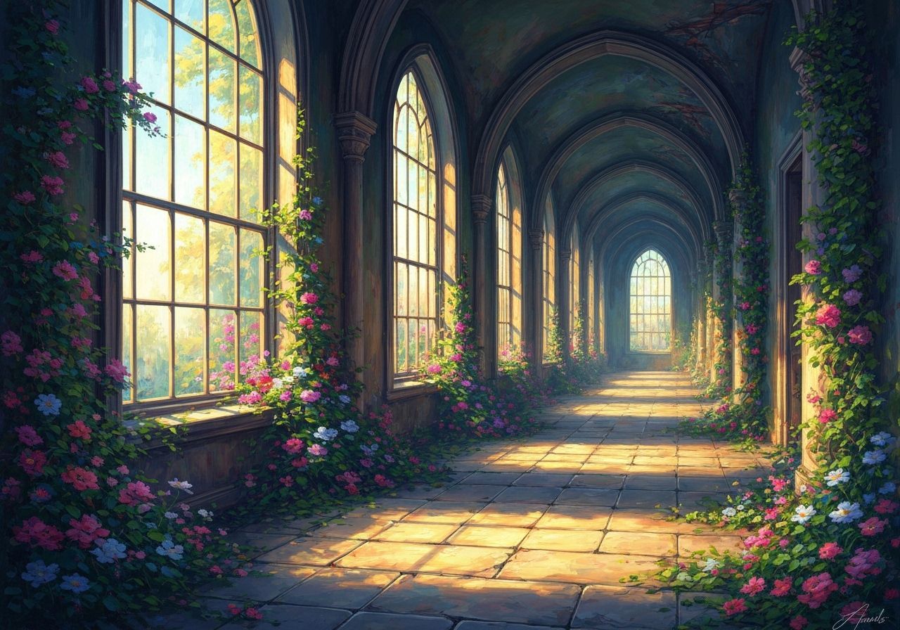 Abandoned Corridor Overgrown with Flowers in Impressionism