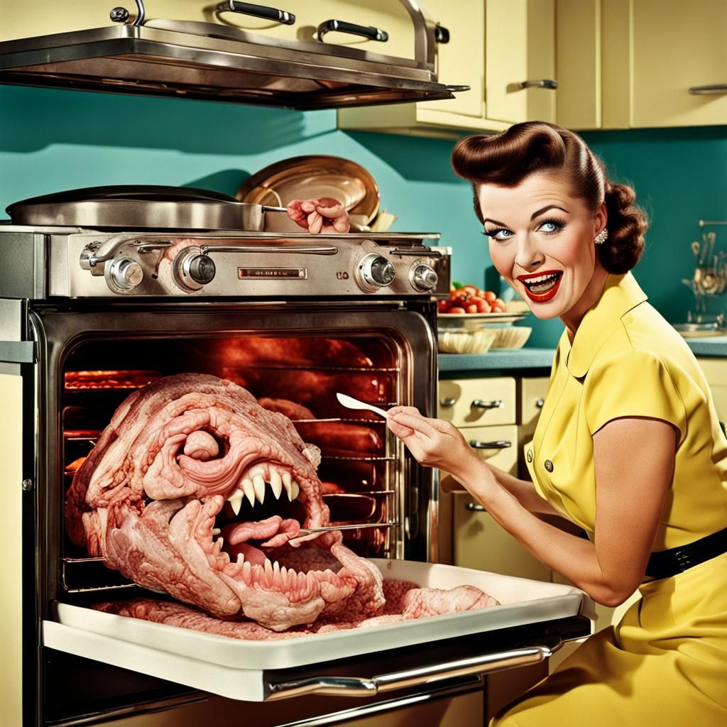 Creepy 50s Ad: Monster Oven in Retro Kitchen