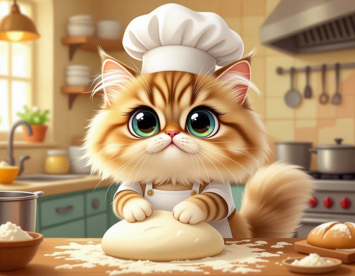 Fluffy Cat Chef Kneading Giant Dough in Cartoon Kitchen