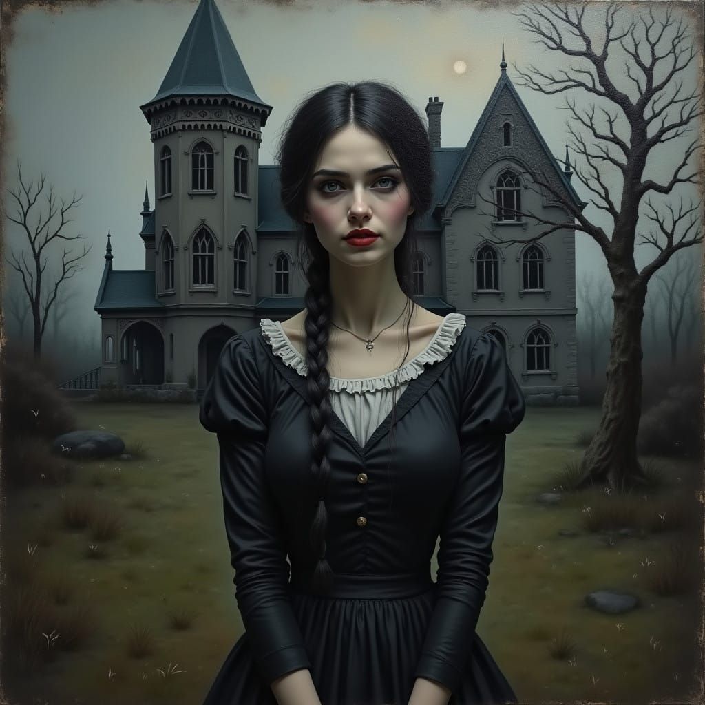 Gothic Housekeeper's Dark Smile in 19th Century Mansion