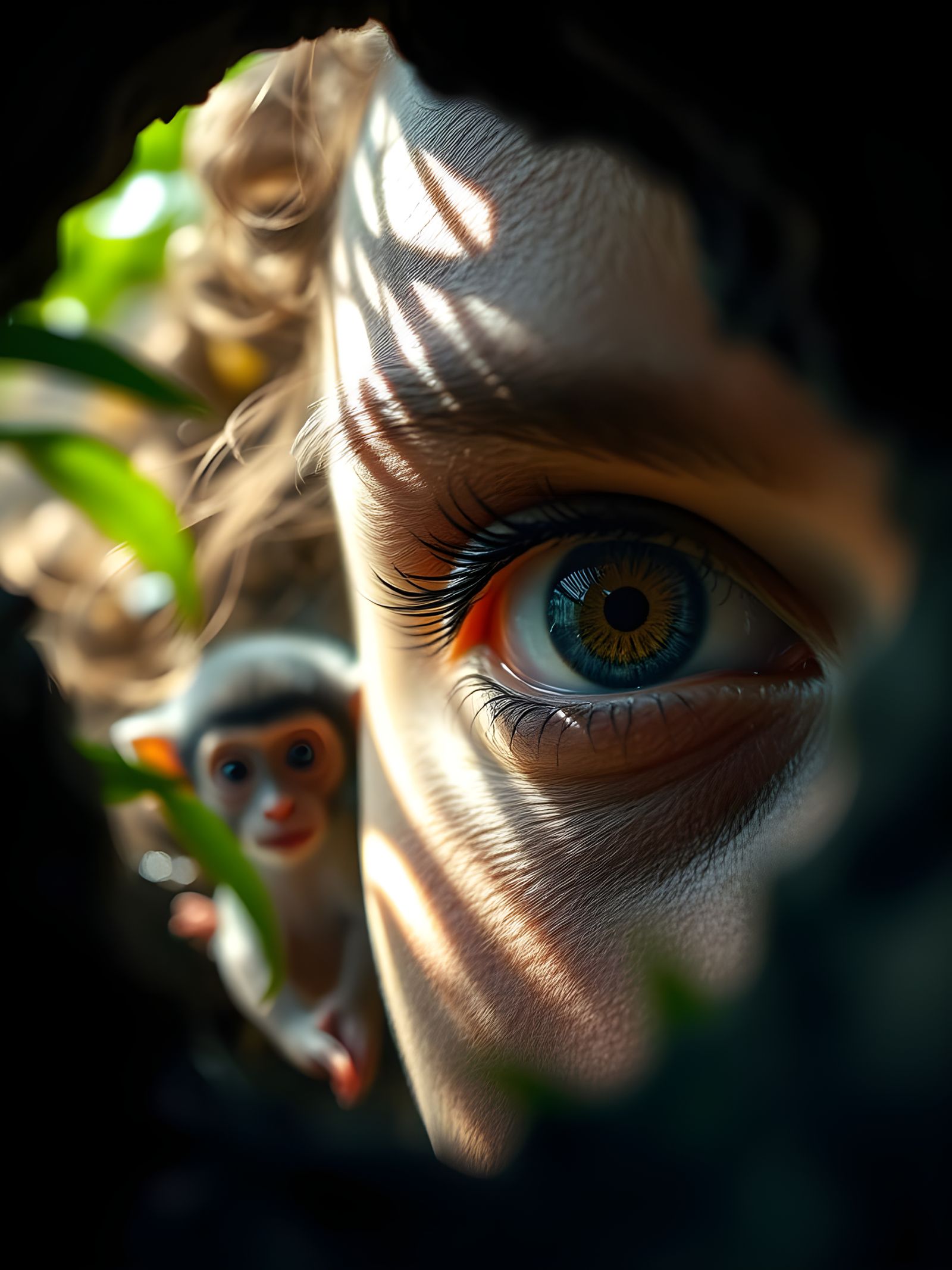 Macro Photo of Girl with Monkeys in Jungle Cave