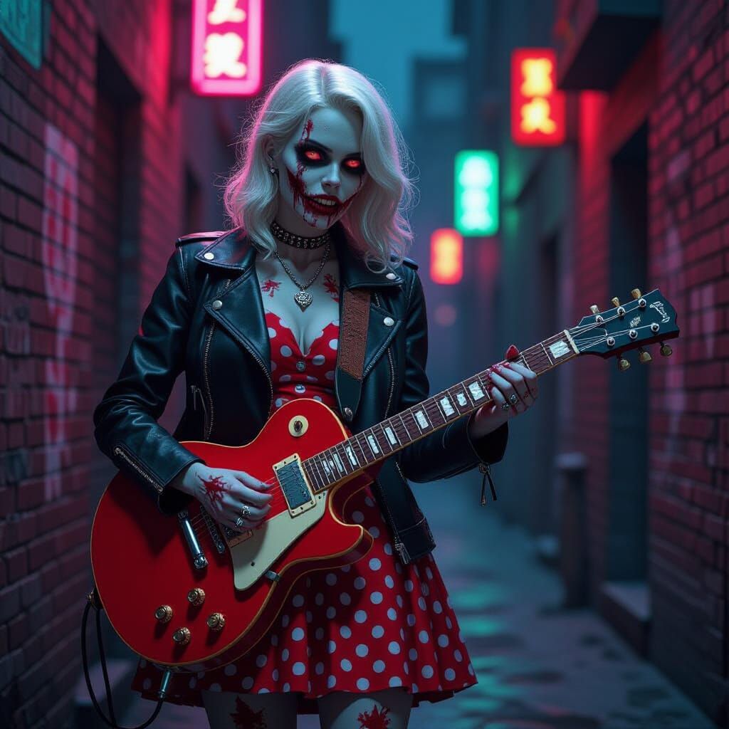 Rockabilly Zombie Guitarist in Neon Alley, Digital Art