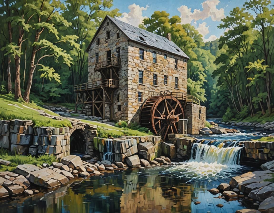 Stone Mill on Riverbank as Impasto Oil Painting