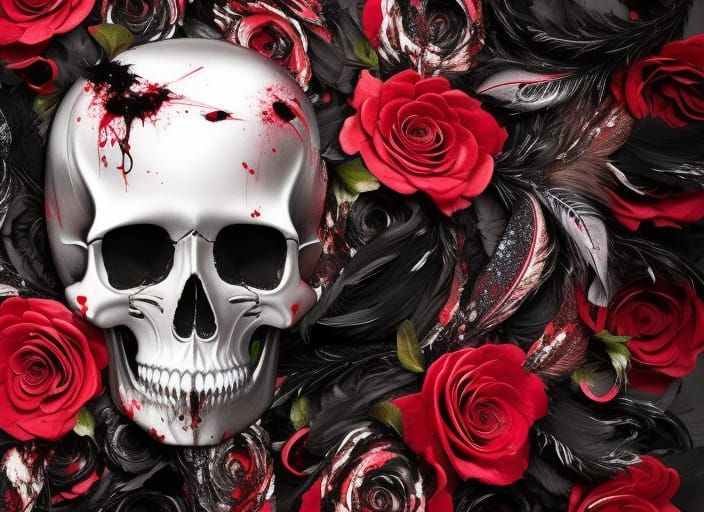 Intricate Rose Skull with Feathers and Blood Splatter