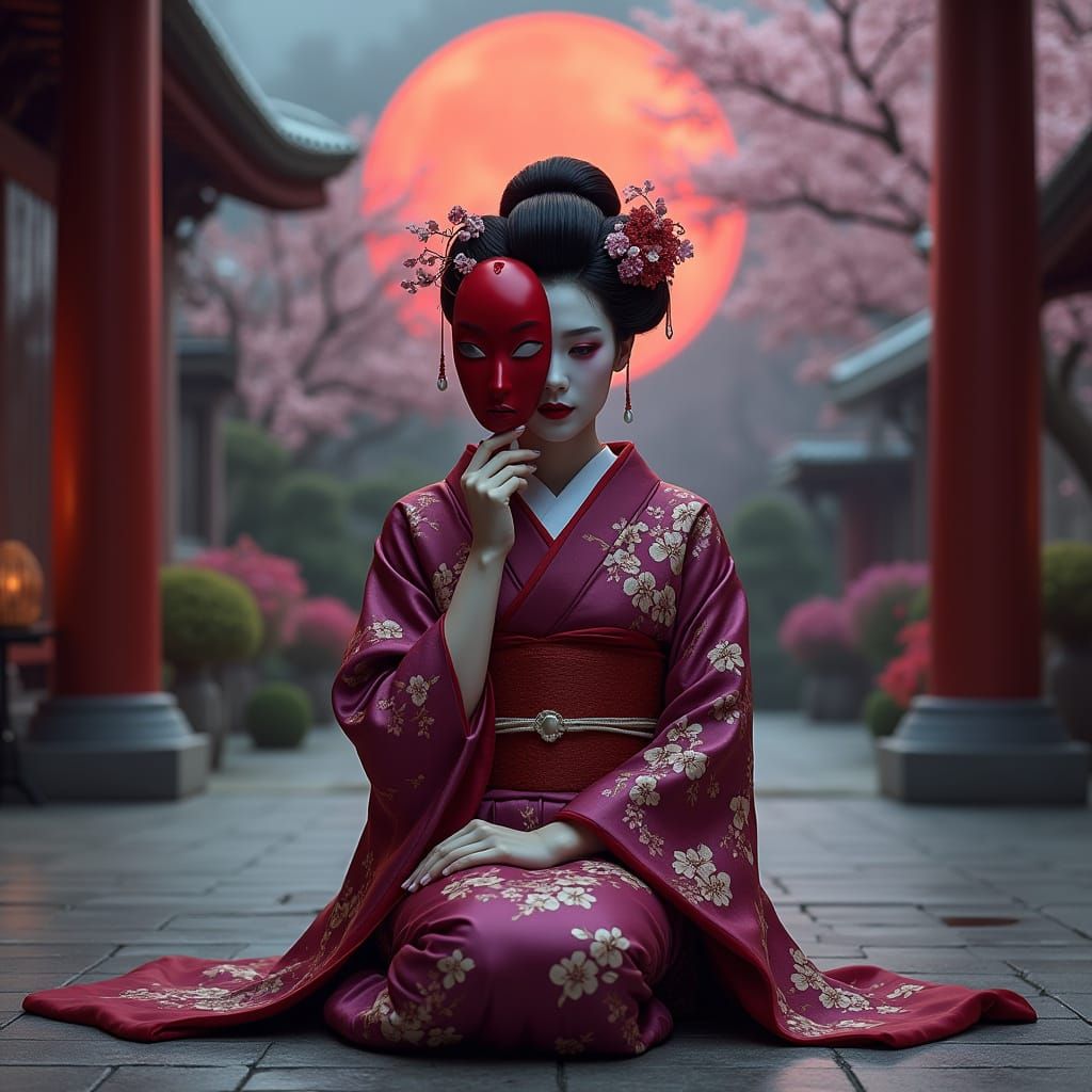 Geisha with Hannya Mask in Temple Courtyard