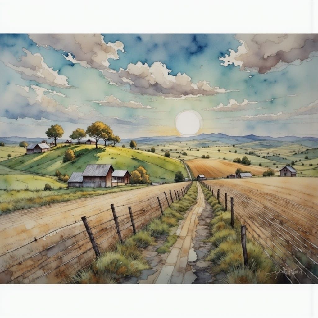 Rural Landscape in Watercolor Comic Book Style