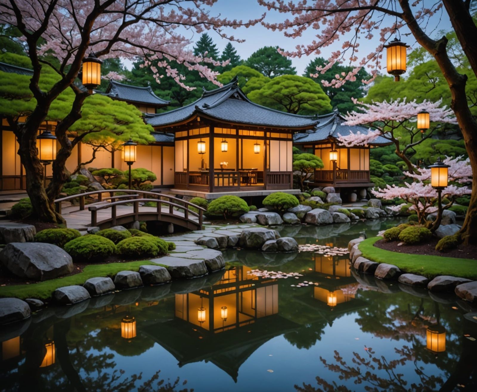 Japanese Garden at Twilight with Lanterns and Blossoms